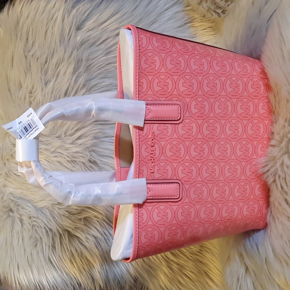 NWT! Michael Kors Jodie Small Tote Logo Jacquard Bag Grapefruit